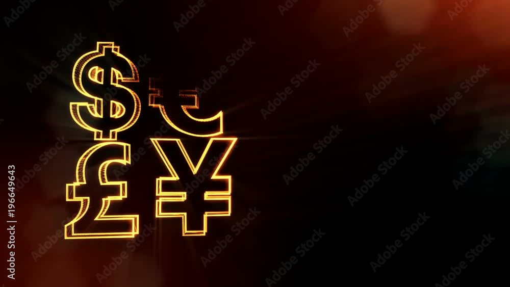 Aufkleber symbol dollar euro pound and yen. financial background made of glow particles as vitrtual hologram. 