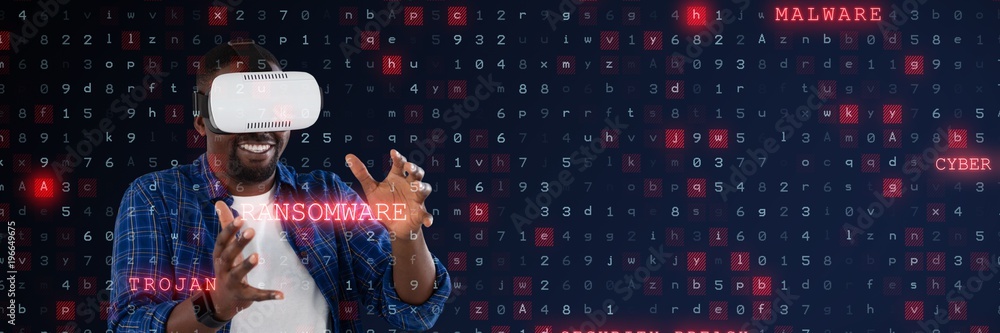 Poster composite image of man gesturing while using virtual reality