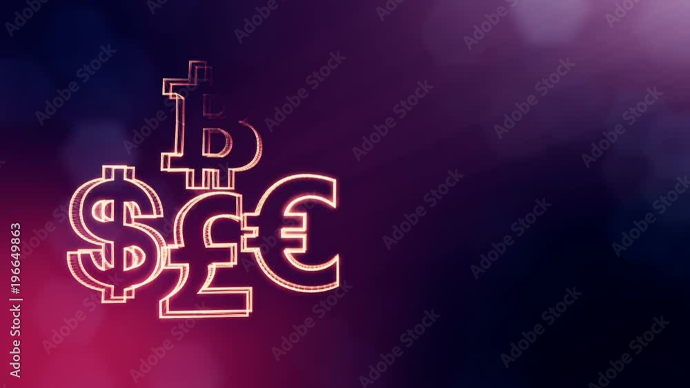 Aufkleber symbol bitcoin dollar euro pound. financial background made of glow particles as vitrtual hologram. 