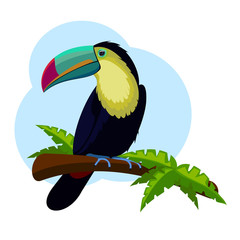 Toucan sitting on tree branch with green leaves. © LlamaRu