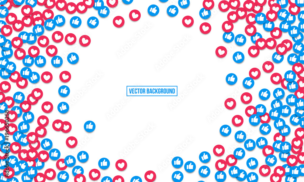 Aufkleber like and heart icons vector background. social nets blue thumb up like and red heart web buttons on 
