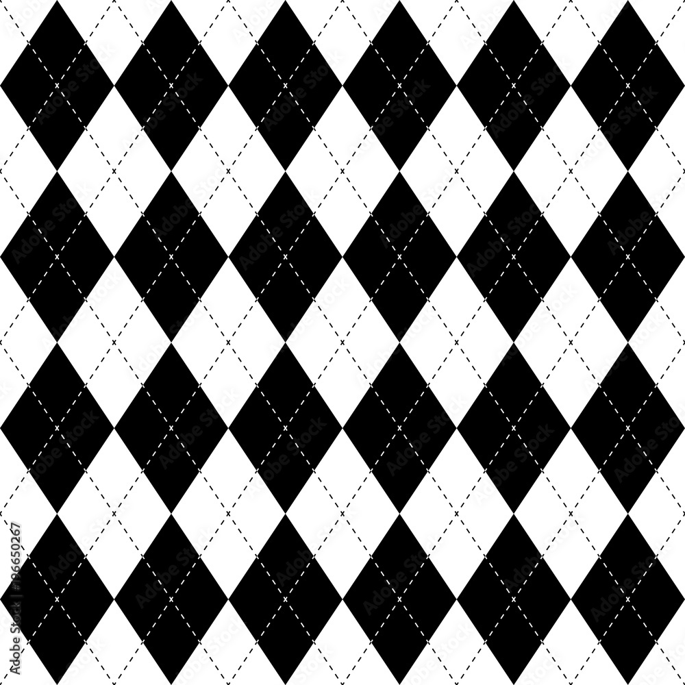 Poster black and white argyle seamless pattern background. diamond shapes with dashed lines. simple flat ve