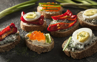 Sandwiches,  sandwich with vegetables,  sandwich with red caviar,  egg sandwich, sandwich snack, various sandwiches