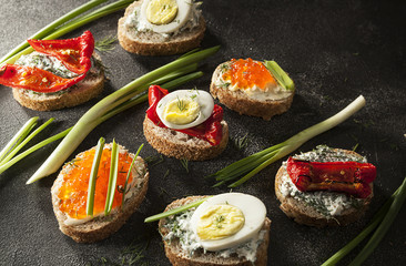 Sandwiches,  sandwich with vegetables,  sandwich with red caviar,  egg sandwich, sandwich snack, various sandwiches