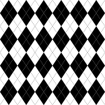 Black and white argyle seamless pattern background. Diamond shapes with dashed lines. Simple flat vector illustration.
