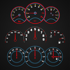 Dashboard: speedometer, tachometer, level sensor. Design of vector illustrations.