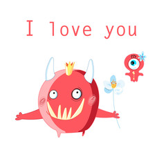 Greeting card with cheerful in love monsters