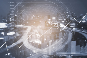Forex chart on city background for financial and investment.