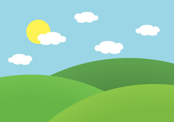 Flat design illustration of landscape with meadow and hill under blue sky with sun and clouds