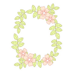 Oval frame with climbing plants with pink flowers and green leaves. 