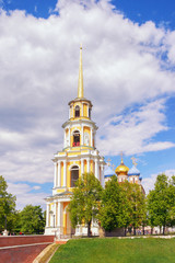 View of Bell tower of the Ryazan Kremlin on a sunny spring day. Ryazan city,  Russia