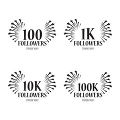 Fototapeta na wymiar Set of emblems for social media. Thank you for following. 100, 1k, 10k, 100k followers. 