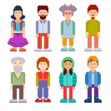 Set of different pixel art characters. Vector illustration