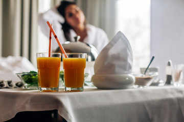 room service hotel breakfast with girl