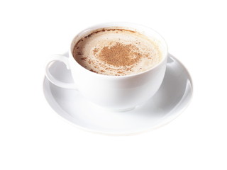 cup of coffee with cinnamon on white background