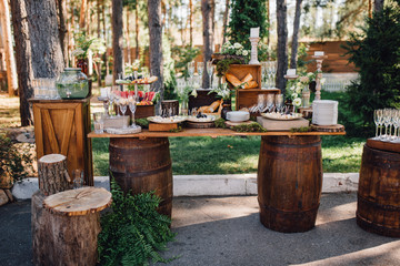 Reception table with snacks and lemonade stands on the lawn outside. Wedding decor. Rustic style