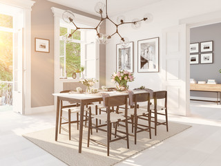 modern nordic dining room in loft apartment. 3D rendering