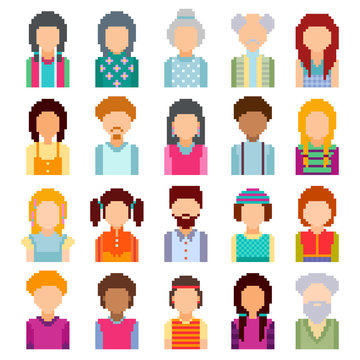 Set of pixel art avatar faces. Men and women of all ages on white background.