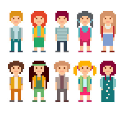 Set of pixel art style characters. Men and women standing on white background. Vector illustration.