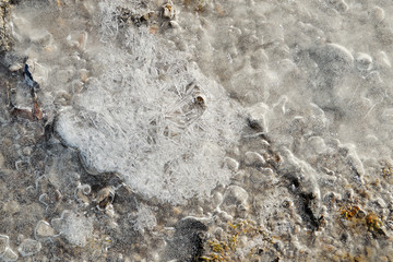 Close up directly above view of ice surface, pebbles and ground seen through the shiny ice crystals