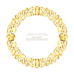 Vector circle frame from realistic golden gems and jewels on white background. Shiny diamonds jewelry design elements.