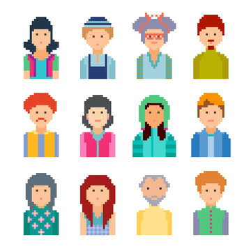 Set of pixel people avatar faces, vector illustration. Men and women of all ages on white background.
