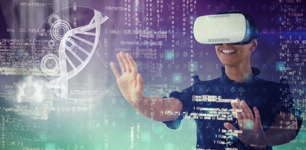 Poster composite image of woman gesturing while using virtual reality