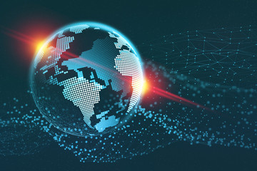 Global communication 3D illustration. Information field of the planet Earth. Protection and processing of digital data
