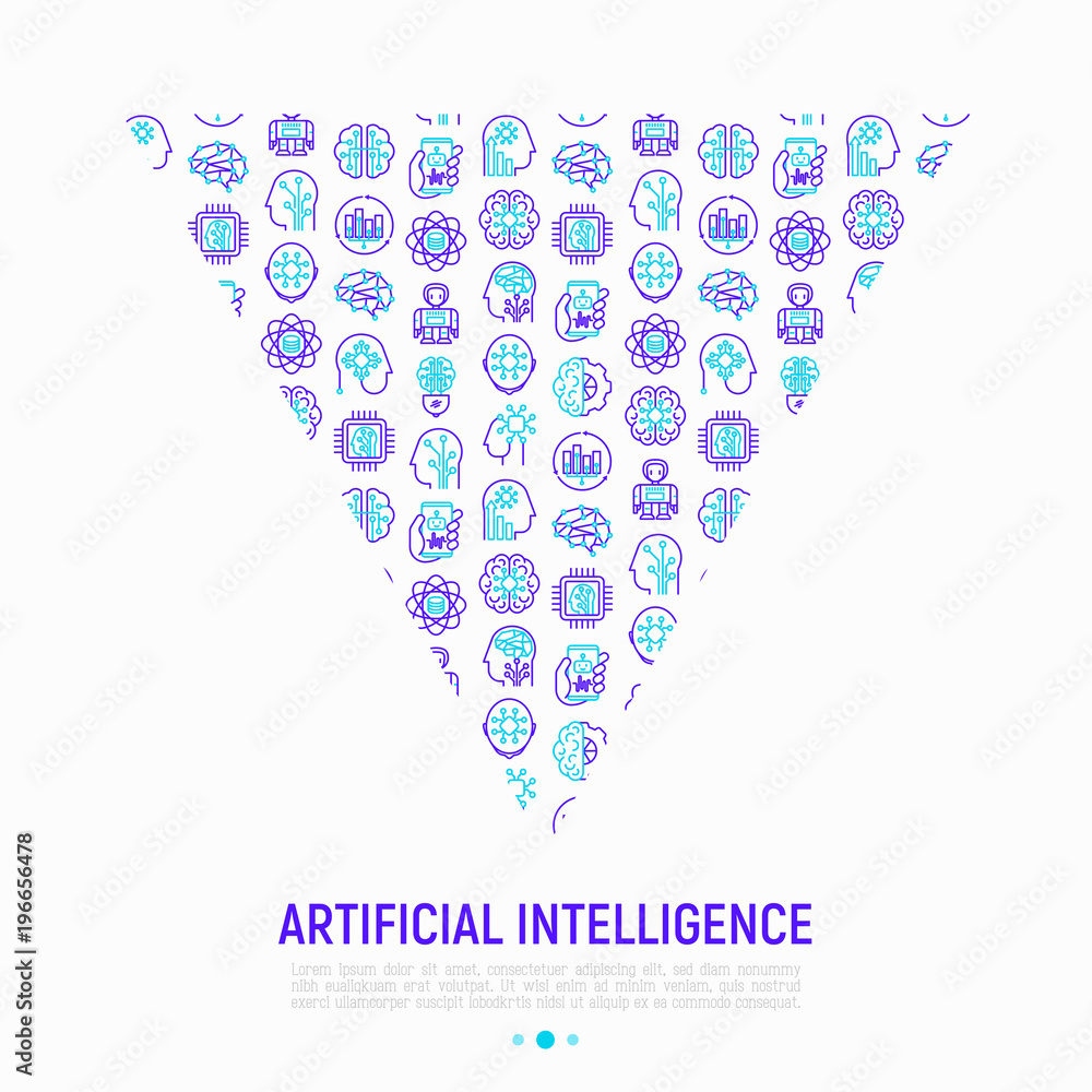 Poster artificial intelligence concept in triangle with thin line icons: robot, brain, machine learning, ma