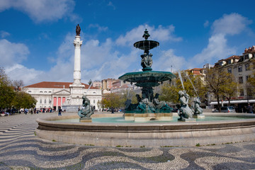 Fototapeta na wymiar Rossio Square, Lisbon. 11th March 2018. Fountains in the Rossio Square.