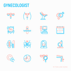 Gynecologist thin line icons set: uterus, ovaries, gynecological chair, pregnancy, ultrasound, sanitary napkin, tampon, test, embryo, menstruation, ovulation, vaginal expander. Vector illustration.