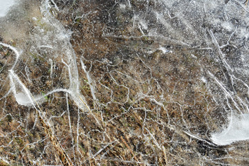 Close up view of iced ground surface, air bubbles and frozen grass seen in the ice
