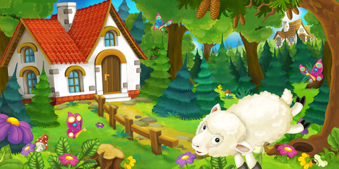 cartoon scene with happy and funny sheep running and jumping near farm house in the forest - illustration for children