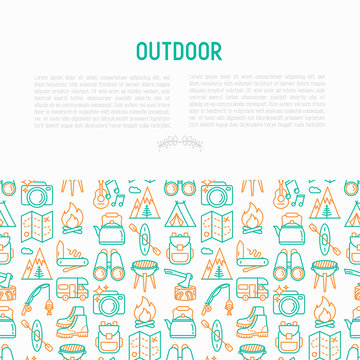 Outdoor concept with thin line icons: mountains, backpack, uncle boots, kettle, axe, map, swiss knife, canoe, camera, fishing rod, binoculars. Vector illustration for print media, banner.