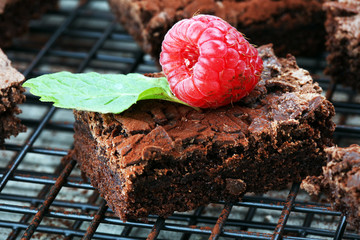 homemade chocolate brownies on rustic table. brownie bakery.