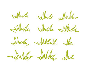 Set of green grass tufts, clip art, transparent background