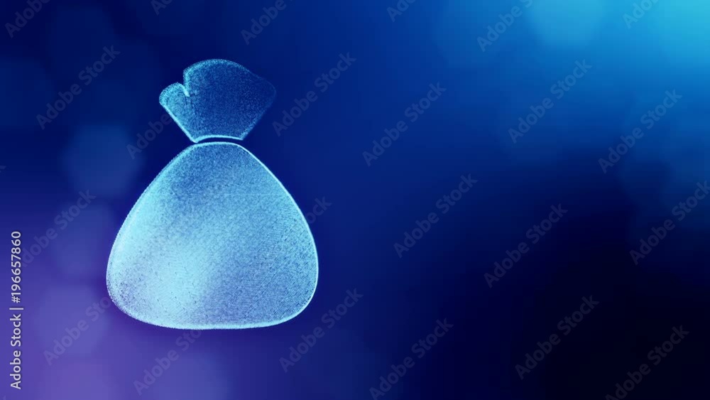 Aufkleber icon money bag. background made of glow particles as vitrtual hologram. 3d seamless animation with d