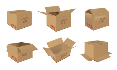 Carton delivery packaging open and closed box with fragile signs