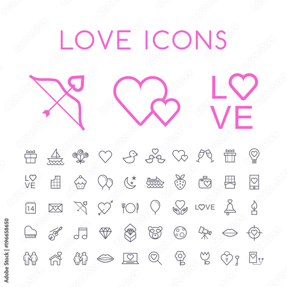 Poster set of 50 minimal thin line love icons on white background . isolated vector elements