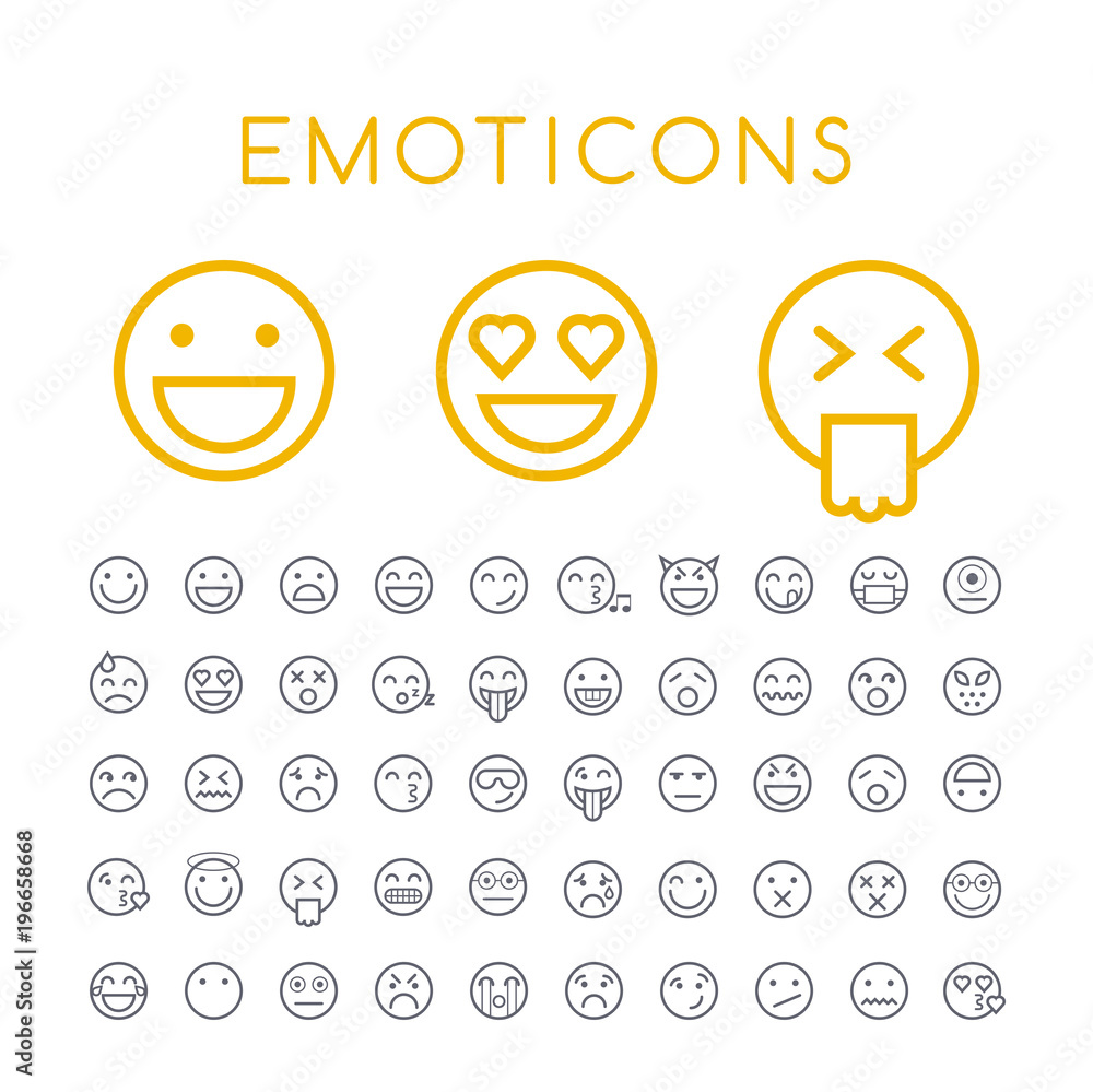 Poster set of 50 minimal thin line emoticons icons on white background . isolated vector elements