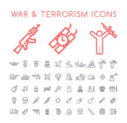 Set of 50 Minimal Thin Line War and Terrorism Icons on White Background . Isolated Vector Elements 