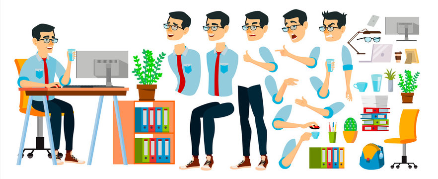 Business Man Character Vector. Working Asian Male. Business Start Up. Modern Office. Coding, Software Development. Programmer. Animation Set. Asiatic Face Emotions. Cartoon Illustration