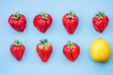 creative layout lemon and seven large strawberries on blue background in two lines top view