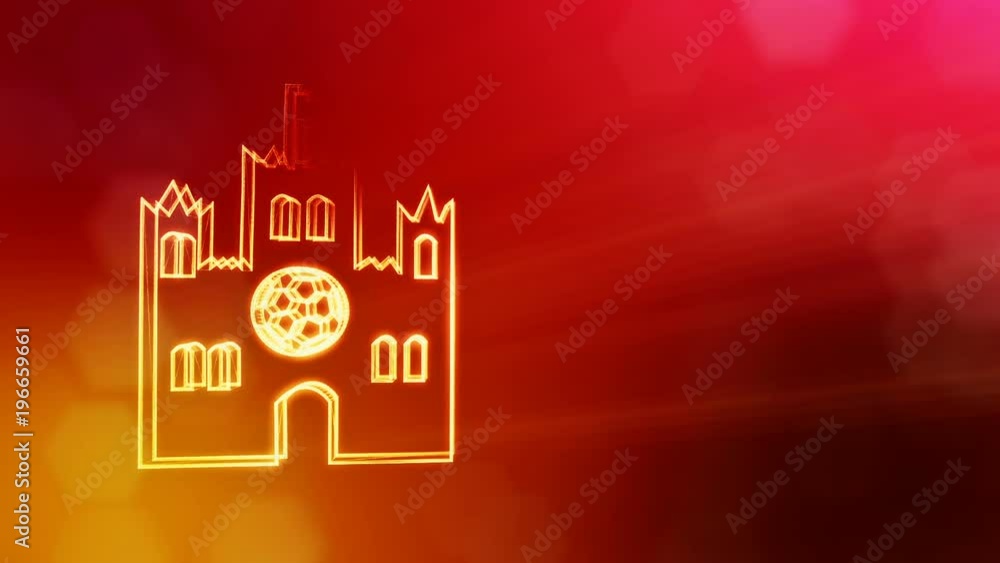 Aufkleber icon of castle with emblem of soccer ball. background made of glow particles as vitrtual hologram. 3