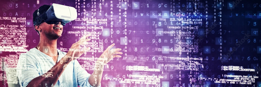Poster composite image of man using virtual reality headset