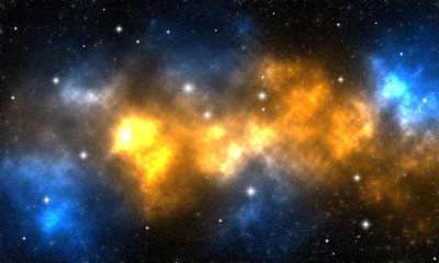 orange and blue nebula with stars in deep space / illustration depicting celestial bodies and an orange and blue nebula in deep space
