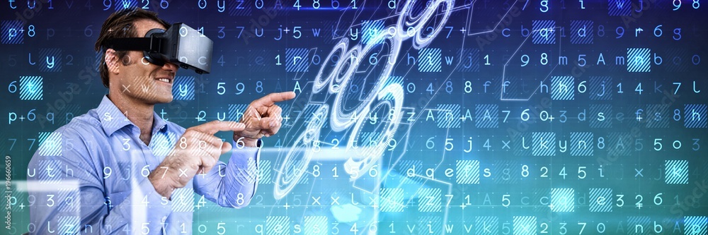 Poster composite image of smiling businessman with gestures using vr