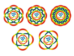 Five rainbow mandalas with a sign of Aum (Om). Abstract artistic object. Spiritual symbol.