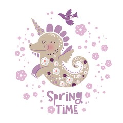 Illustration of unicorn dragon with floral decor and text Spring time. Ideal for baby posters, spring season greetings, invitations, textile prints