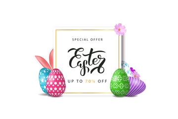Vector realistic isolated poster for Easter sale with eggs, flowers and rabbit for decoration and covering on the white background. Concept of Happy Easter.